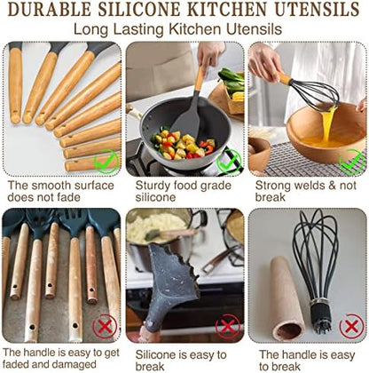 Umite Chef Kitchen Cooking Utensils Set, 33 pcs Non-stick Silicone Spatula Set with Holder, Woodle Handle Heat Resistant Gadgets Utensil (Gray)