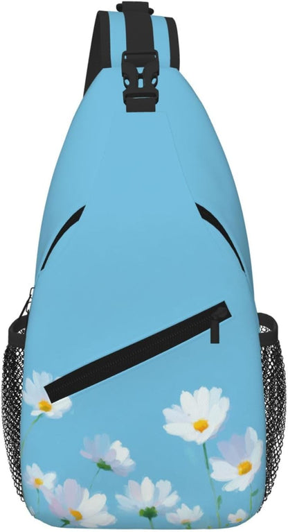 Sling Bag White Flower Blue Summer Hiking Daypack Crossbody Shoulder Backpack Travel Chest Pack for Men Women