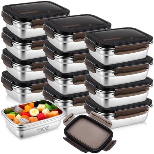 12 Pcs 19oz/ 550 ml 304 Stainless Steel Food Containers with Lid, FDA Registered Airtight Lunch Container Reusable Meal Prep Storage Box Freezer/Dishwasher Safe for Home Kitchen