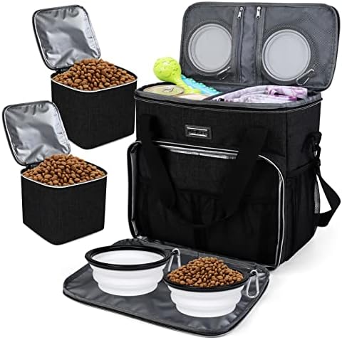 BAGLHER Dog Travel Bag, Pet Travel Bag (ALL Pet Travel Supplies), With 2 Pet Food Containers and 2 Collapsible Silicone Bowls; Essential Kits for Travel Black