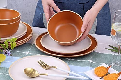 Melamine Dinnerware Sets 12pcs, Plates and Bowls for 4, Unbreakable Dinnerware Sets, Ideal Dinnerware for Party, Unbreakable, BAP free, Dishwasher Safe, Red Color (Terracotta Color)