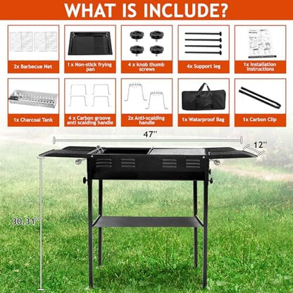 Portable Charcoal BBQ Grill, Foldable Smoker Tall Barbecue Grill Charcoal Outdoor Lightweight for Cooking Camping Hiking Picnics Tailgating Backpacking Garden Beach Party (47"L x 30.31"H)