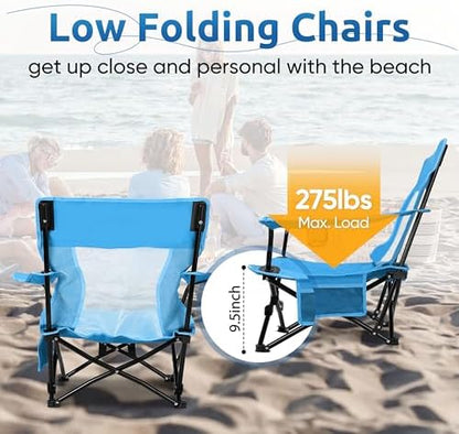 HaSteeL Low Beach Chairs, 2Pcs Folding Camping Lawn Chairs - Blue