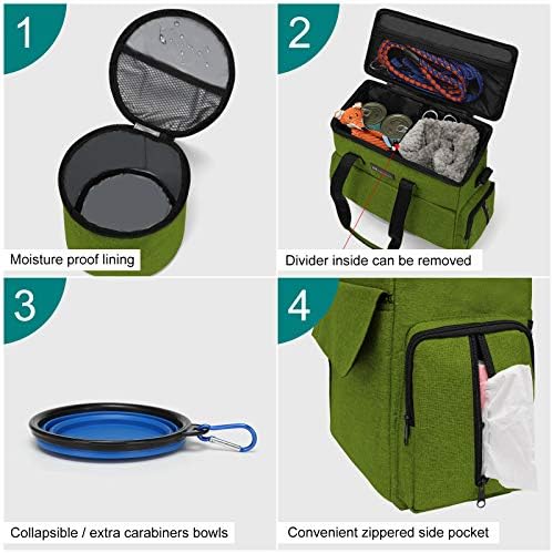 Modoker Weekend Dog Travel Bag Set with 2 Food Bags, 2 Bowls and Mat,Green