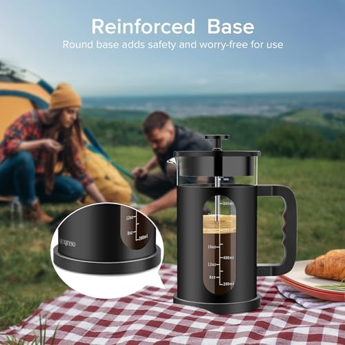 QUQIYSO French Press 34oz, Stainless Steel & Thickened Glass Coffee Press