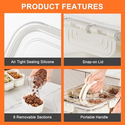 Snackle Box Container, Divided Serving Tray with Lid and Handle, 8 Compartment Portable Snack Box Containers, Clear Storage Organizer for Fruit Candy Nuts Veggie, Perfect for Road Travel Party