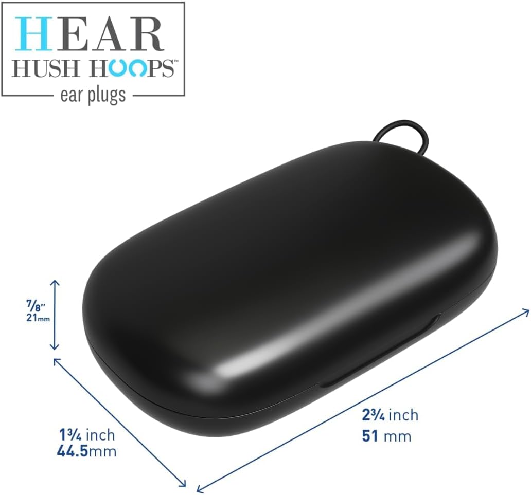 Hush Hoops Ear Plugs, Reusable Soft Silicone Plugs with Horseshoe Shape for Comfort, Designed for Sleep and Loud Noises, 17dB (NRR) Noise Reduction Rating, Black, 1 Pair with Portable Travel Case