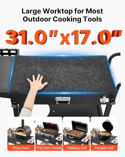 VEVOR Outdoor Grill Cart, 31.0 x 17.0 inch Tabletop Size Grilling Table, Foldable Outdoor Cooking Table with Tissue Holder, Hooks, Wheels, Side Table, BBQ Prep Tables for Picnic, Kitchen, Courtyard