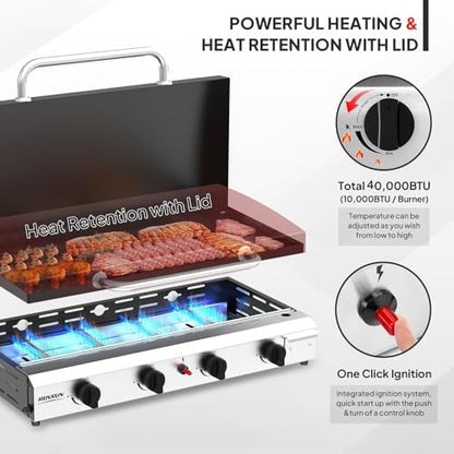 ROVSUN 4 Burner Portable Propane Griddle with Enameled Tray & Lid, 40000 BTU Rolling Flat Top Gas Grill with Electronic Ignition, Side Shelves & Regulator for Outdoor Cooking Camping BBQ Tailgating