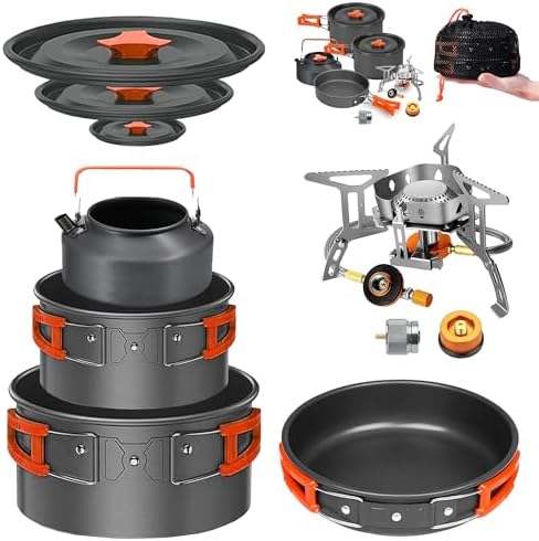 Smokey Camp Camping Cookware Mess Kit Set with Stove - Backpacking Camping Pots and Pans Set, All in One Non-Stick Camping Cooking Set, Portable Stove, Hiking, Picnic, Outdoor & Camping Cookware Set