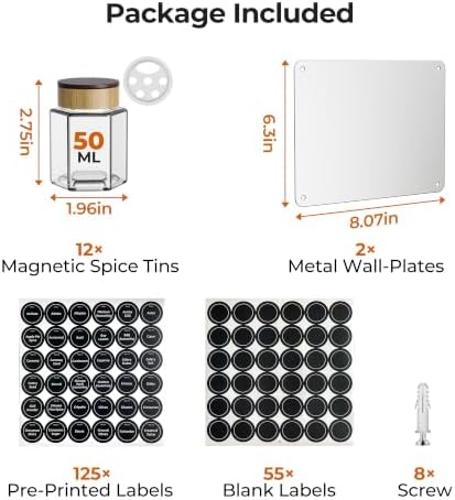 Vetacsion Set of 12 Magnetic Spice Tins with 2 Black Metal Wall-Plates,100 Preprinted Seasoning Label Stickers,2 Styles for 3 oz Herb Jars (12 PCS)