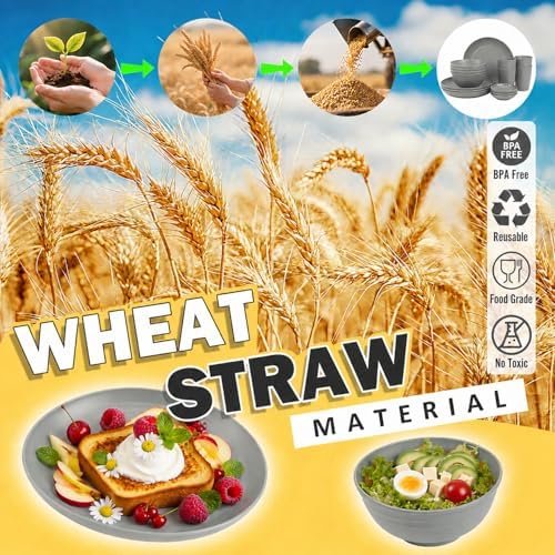 Kids Wheat Straw Dinnerware Sets for 4, 16 Piece Unbreakable Dinnerware Set, Kids Plates and Bowls Sets, Kitchen Plates and Bowls Set, Lightweight Dish Set for Party, Camping，RV - Grey