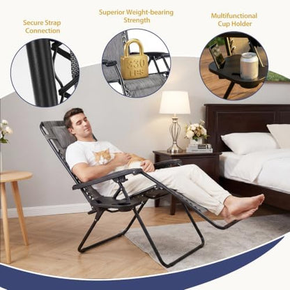 Sweetcrispy Zero Gravity Chairs, Set of 4 Portable Recliner Beach Camping Patio Outdoor Folding Lounge Chair with Cup Holder Trays and Adjustable Pillow for Poolside, Garden, Backyard, Lawn, Grey