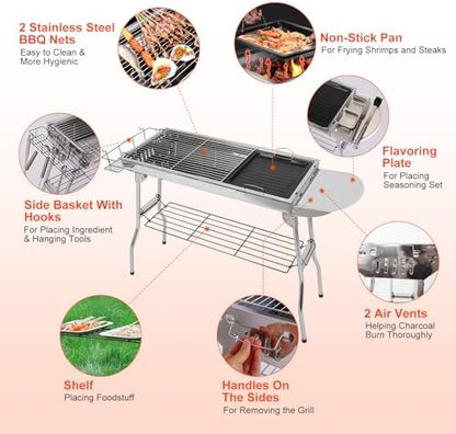 Charcoal Grills,Stainless Steel Folding Portable BBQ Grill Large Charcoal Grill for Garden Backyard Party Picnic Travel Outdoor Cooking Use With Non-Stick Frying Pan