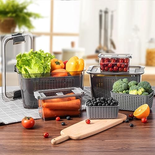 LUXEAR 4 Pack Fruit Containers for Fridge, Vegetable Storage Container with Lids &Removable Colander Produce Saver Organizer for Refrigerator Keep Fruit, Veggie, Berry, Meat Fresh Longer-Grey