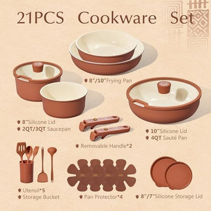 CAROTE 21pcs Ceramic Cookware Set, Pots and Pans Set with Detachable Handle