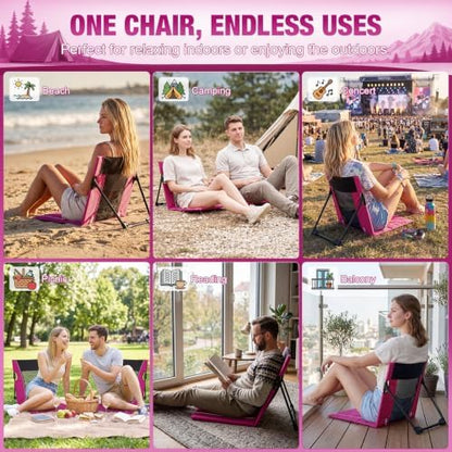 1pack Foldable Floor Chair with Back Support Folding Beach Chair, Rose Red