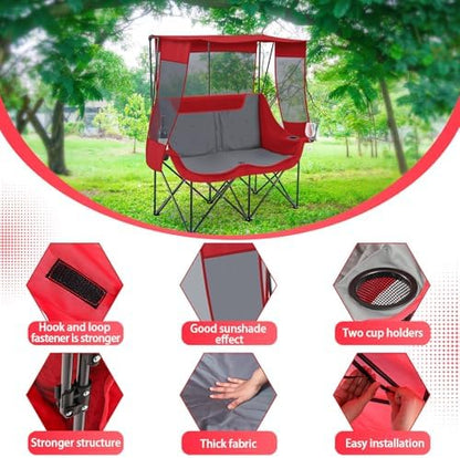 Teenyyou Double Camping Chair with Canopy 660lbs Heavy Duty, Red and Grey