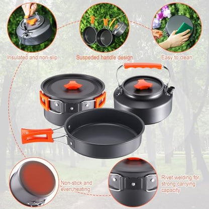 Soulchen 25 Pcs Camping Cookware Mess Kit Camping Pots and Pans Set with 2 Set Stainless Steel Cups Plates Forks Knives Spoons for Camping, Backpacking, Outdoor Cooking and Picnic