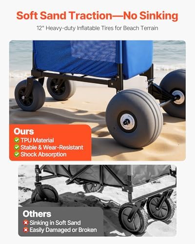 VEVOR Beach Cart, 165LBS Load Capacity, Portable Folding Beach Wagon Dolly with 12" Balloon Wheels for Sand, Storage Bag & 4-Level Adjustable Height for Outdoor Camping Fishing