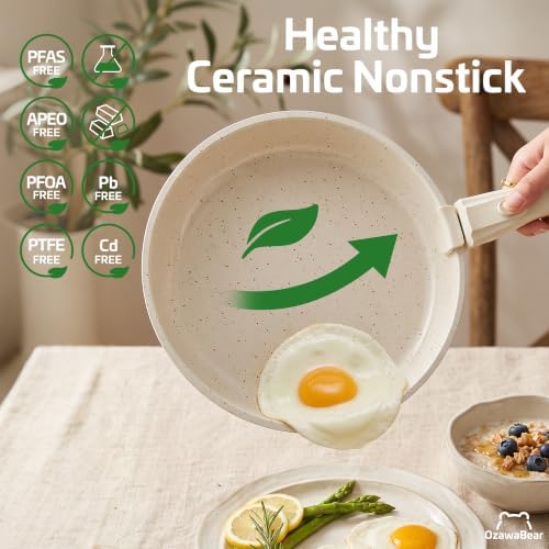 12 Pcs Pots and Pans Set Non Stick, Ceramic Cookware Set Non Toxic with Detachable Handles, Healthy Induction Cookware Oven Safe RV Kitchen Set, PFAS PFOA & PTFE Free, Cream White