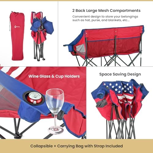 ARROWHEAD OUTDOOR 2-Pack Portable Folding Camp Loveseat Chair w/Glass & Cup Holders, Heavy Duty Carry Bag, 650 lbs Weight Capacity