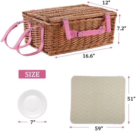 Wicker Picnic Basket for 4 with Waterproof Picnic Blanket Pink