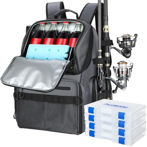 PLUSINNO Cooler Fishing Backpack with Rod Holders 45L Large Water-resistant Fishing Tackle bag Store Fishing Gear Fishing Gifts for Men Father