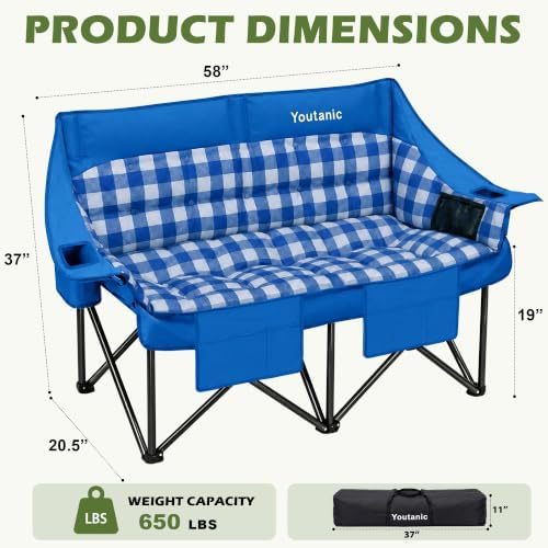 Youtanic Double Camping Chair, Heavy Duty 650lbs Padded Loveseat for Adults