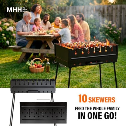 Charcoal Grill for 10 Skewers - Portable BBQ Mangal - Foldable Metal Grill for Shashlik, Kebab, Picnic, Outdoor Cooking (Skewers Not Included)