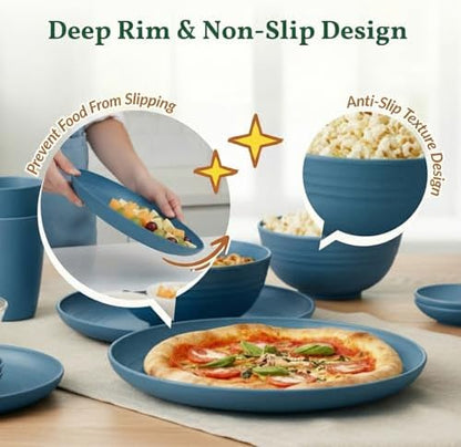 Homienly Wheat Straw Dinnerware Sets for 8, 40 Pcs Unbreakable Plates and Bowls Sets, Microwave Dishwasher Safe Dish Set, Reusable Plastic Dishes for Kitchen, Camping, Deep Plates for Salad (Blue)