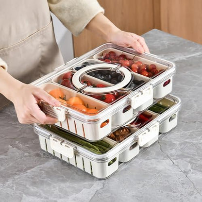 Divided Veggie Tray with Lid and Handle 4 Compartment Serving Tray Portable Travel Snack Storage Containers Stackable Snackle Box Charcuterie Container for Fruit,Vegetable,Salad