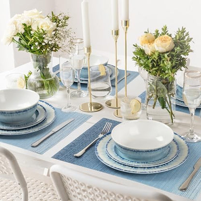 AELS Melamine Dinnerware Set of 12 Pcs Dinner Dishes Set with 4 Placemats for Indoor and Outdoor Use, Dishwasher Safe, Lightweight Unbreakable, BPA Free, Light Blue