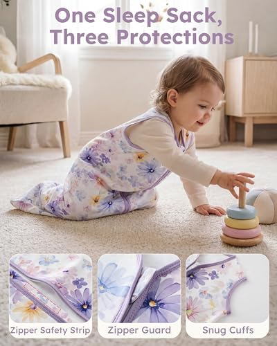 Baby Sleep Sack 6-12 Months 0.5 TOG, 100% Cotton Baby Wearable Blanket 2 Pack with 2-Way Zipper, Lightweight Sleep Bag for Boys ＆ Girls Newborn Infant Breathable Sleeing Sack Purple Flower
