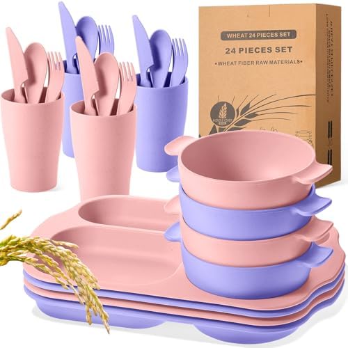 Honoson 24pcs Wheat Straw Dinnerware, Unbreakable, Light Purple and Pink