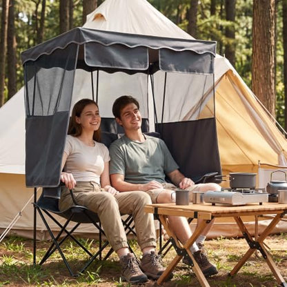 Double Camping Chair with Canopy,2 Person Folding Chair with Canopy, Grey