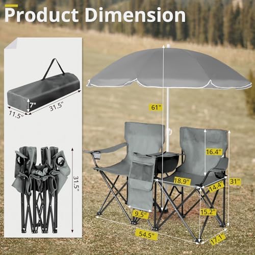 Outvita Folding Double Camping Chair w/Umbrella, Cooler for Beach Patio L
