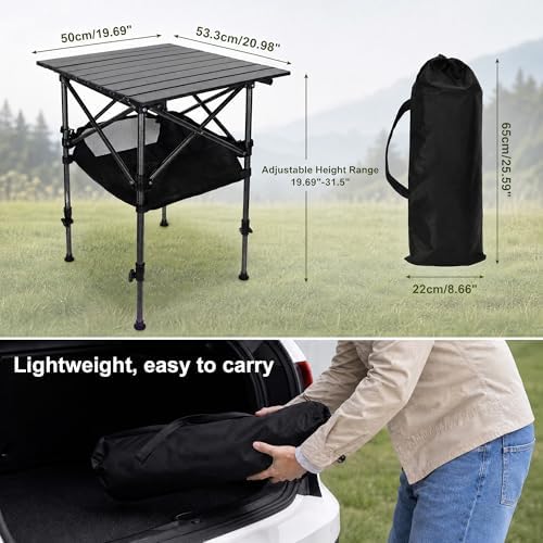 19.7"L x 20.9"W Folding Camping Table with Adjustable Height Black