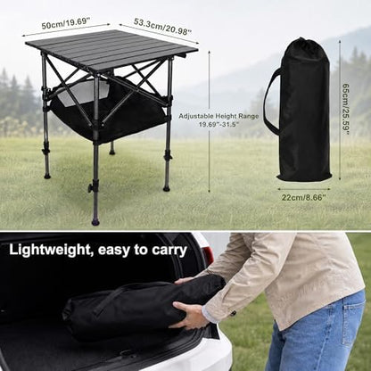 19.7"L x 20.9"W Folding Camping Table with Adjustable Height Black