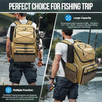 PLUSINNO Cooler Fishing Backpack with Rod Holders 45L Large Water-resistant Fishing Tackle bag Store Fishing Gear Fishing Gifts for Men Father