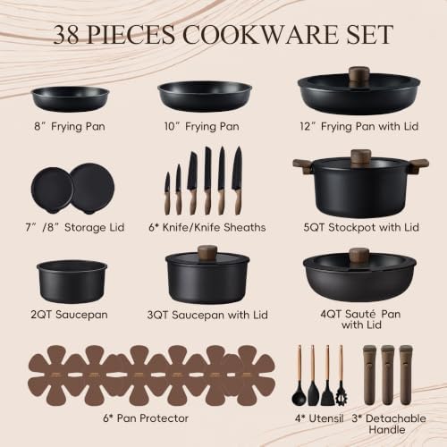 CAROTE 38pcs Pots and Pans Set Non Stick, Cookware Set Detachable Handle