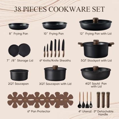 CAROTE 38pcs Pots and Pans Set Non Stick, Cookware Set Detachable Handle