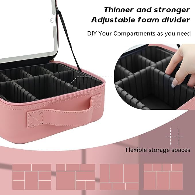 Makeup Bag with Led Mirror,Travel Makeup Organizer with 3 Color Setting & 10X Magnifying Mirror, Portable Storage and Adjustable Dividers Travel Makeup Bag-pink