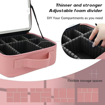 Makeup Bag with Led Mirror,Travel Makeup Organizer with 3 Color Setting & 10X Magnifying Mirror, Portable Storage and Adjustable Dividers Travel Makeup Bag-pink