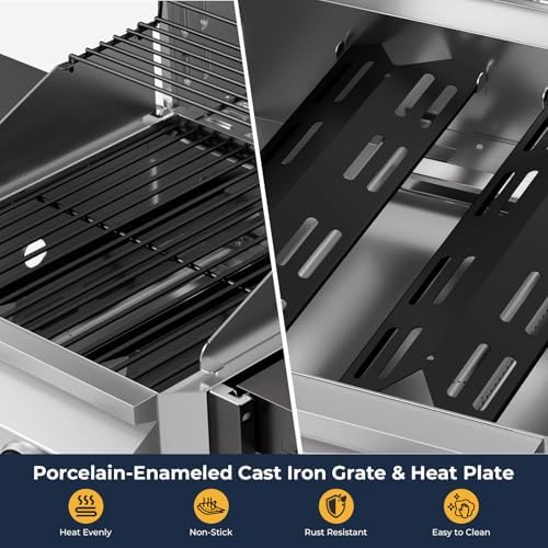 Electactic 2 Burner Propane Gas Grill, 16,000 BTU Stainless Steel BBQ Grill with Folding Side Tables, Convertible to Tabletop Design, Enameled Cast Iron Grates, Barbecue Grill for Camping, Patio