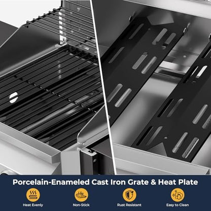 Electactic 2 Burner Propane Gas Grill, 16,000 BTU Stainless Steel BBQ Grill with Folding Side Tables, Convertible to Tabletop Design, Enameled Cast Iron Grates, Barbecue Grill for Camping, Patio