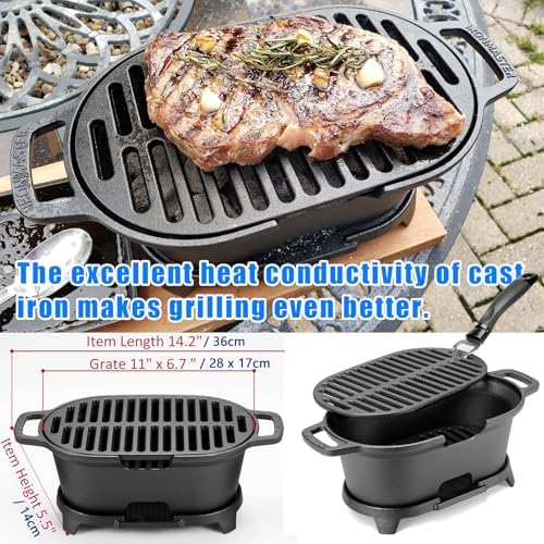 IRONMAX Mini Hibachi Grill Outdoor, Portable Small Charcoal Grill and Tabletop Cast Iron Skillet, 100% Cast Iron, Durable, Camping BBQ Grill Grate 11" x 6.7" for 2 People