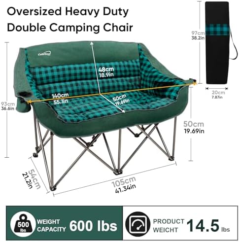 Colorsoul Double Folding Camping Chair,Fully Padded Loveseat Camping Couch,Oversized 2 Person Lawn Chair w/Cup Holder,Wine Glass Holder,Mesh Storage for Patio Picnic Beach,Support 600lbs,Green Plaid