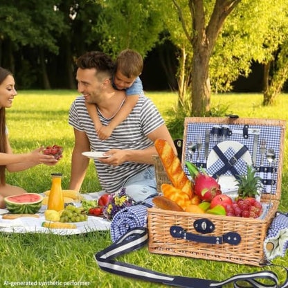 Picnic Basket for 2 with Blanket and Wine Pouch for Couples