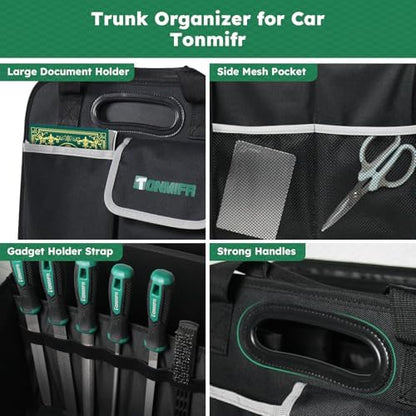 Heavy-Duty Trunk Organizer & Multi-Compartment Storage Box for SUV/Sedan/Minivan,600D Waterproof Oxford,2 Securing Hooks & Reflective Strips-Large Capacity Organiser(92L)